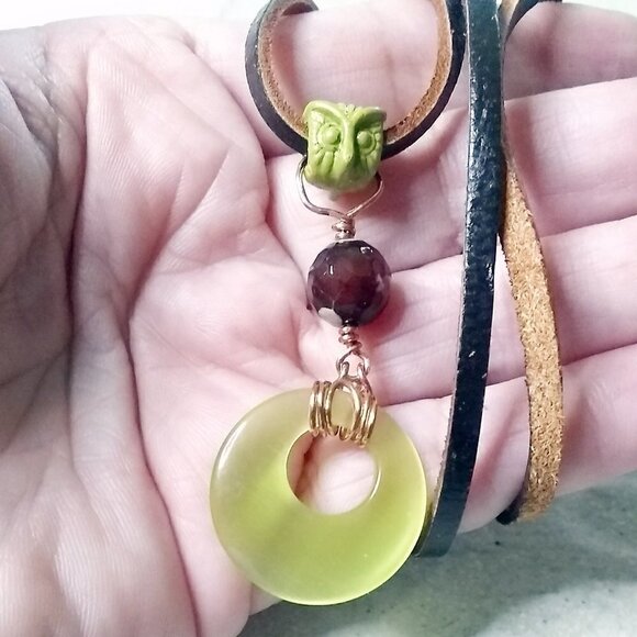 Handmade Owl Pendant: CatsEye + Fire Agate + Patina Paint + Real Leather Cord! - Picture 1 of 9